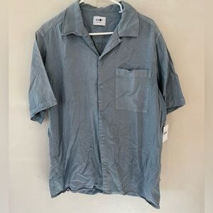 $175 NNO7 No Nationality T Top Shirt Mens Large Blue Button Up Short Sleeve Flaw